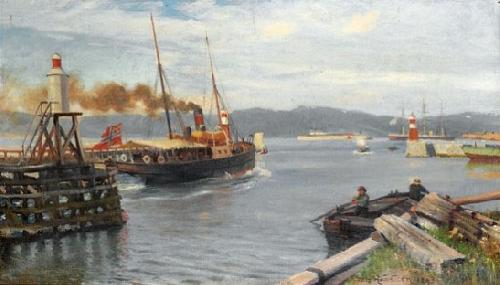 Nils Hansteen Fjordabat stevner ut Trondheim havn oil painting image
